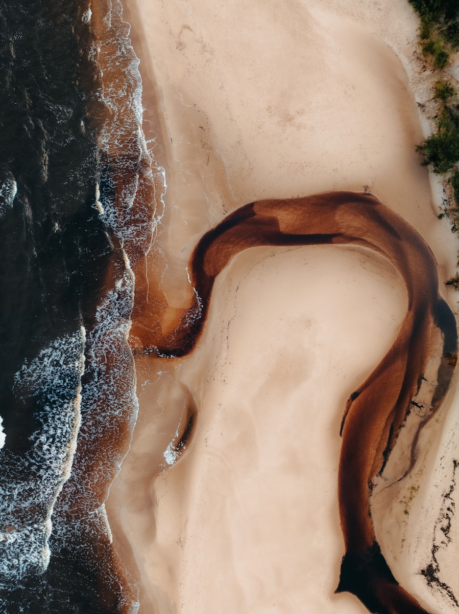 Aerial view of a river mouth meeting the ocean