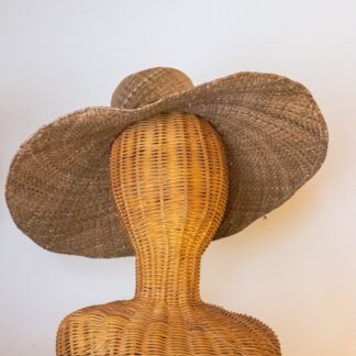 brown strawhat on brown wicker mannequin