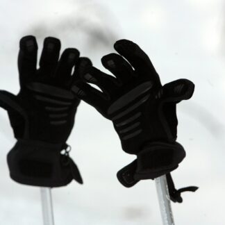 a pair of black gloves sitting on top of a pole